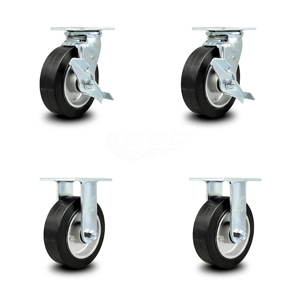 6 Inch Rubber on Aluminum Caster Set with Ball Bearings 2 Brakes 2 Rigid SCC